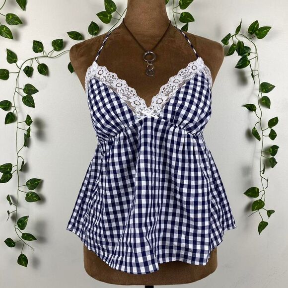 Source Unknown Tops - Nia white & blue gingham halter top lace trim v-neck babydoll navy cottage fairy
